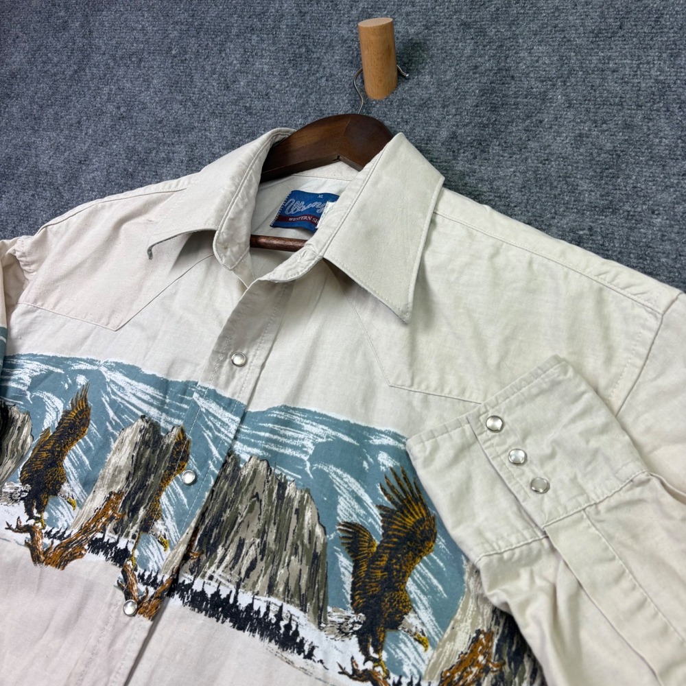 Wrangler Western Shirt Mens XL Beige Eagle Mountain Graphic Pearl Snap Vintage